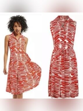 Cabi #281 Brushstroke Red and White Striped Button down Dress Size Small